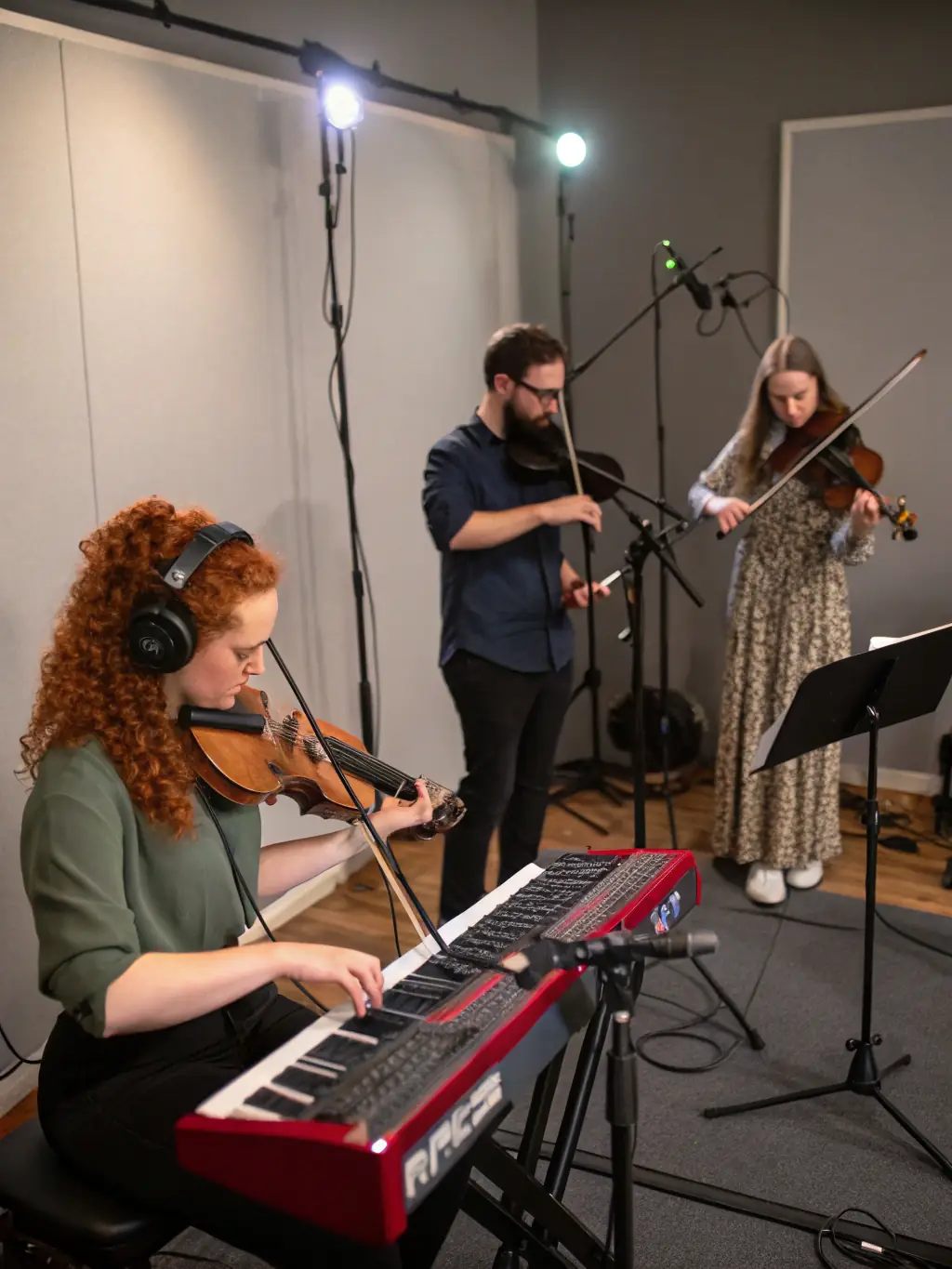 A photograph of musicians collaborating during a R'HAWK CANTAL-sponsored workshop, emphasizing artistic collaboration and skill-sharing.