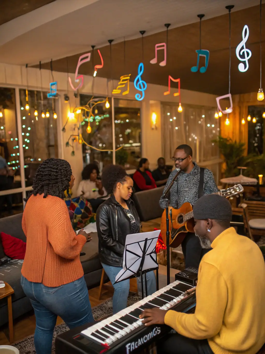 A photo of musicians collaborating during a community workshop, representing R'HAWK CANTAL's commitment to community engagement.