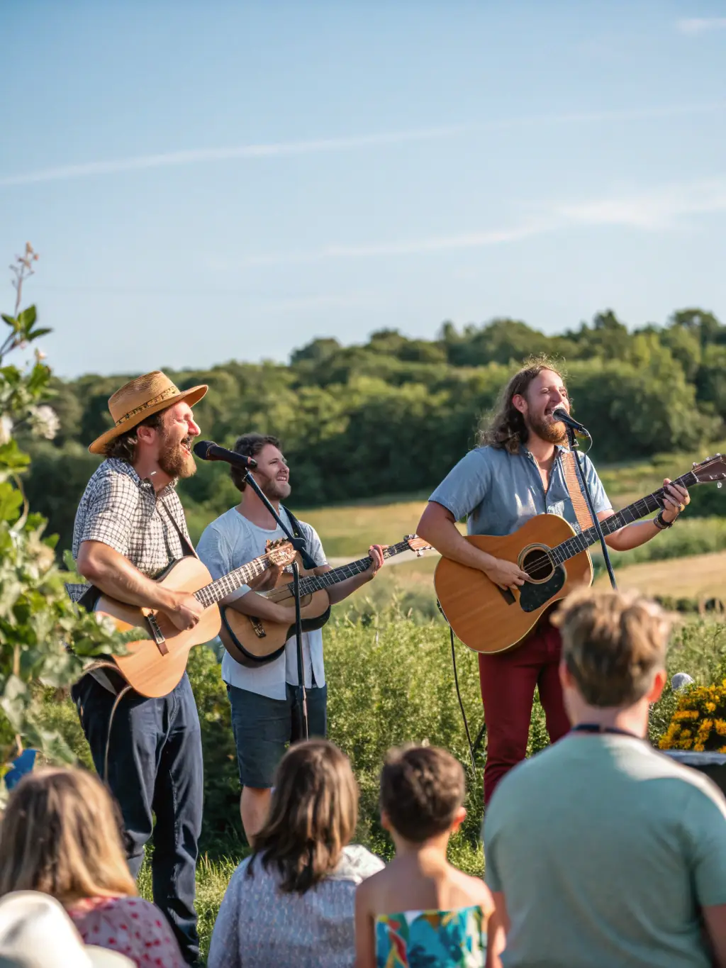 A photo of a R'HAWK CANTAL event featuring a local band performing outdoors, with a diverse audience enjoying the music and atmosphere.