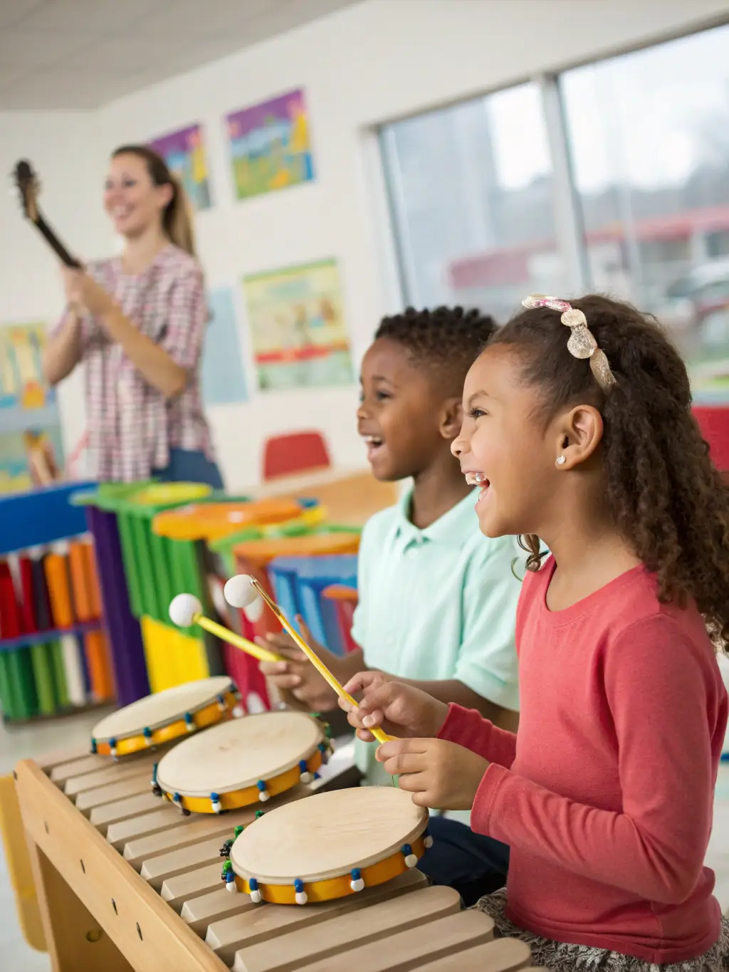 A vibrant photo of a children's music workshop led by a R'HAWK CANTAL instructor, showing kids playing various instruments and smiling, set in a community center.