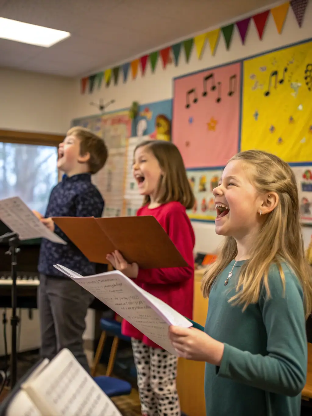 A vibrant image of a children's choir performing on stage, showcasing R'HAWK CANTAL's youth music education program.
