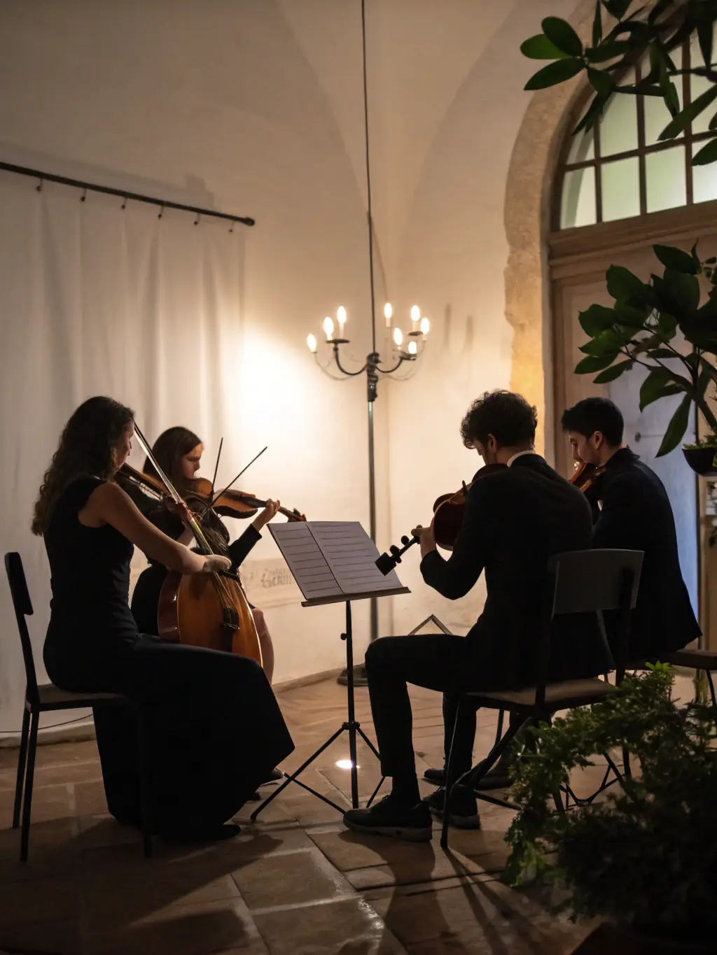 A photo of a string quartet performing in a local church, part of R'HAWK CANTAL's initiative to bring classical music to underserved communities.