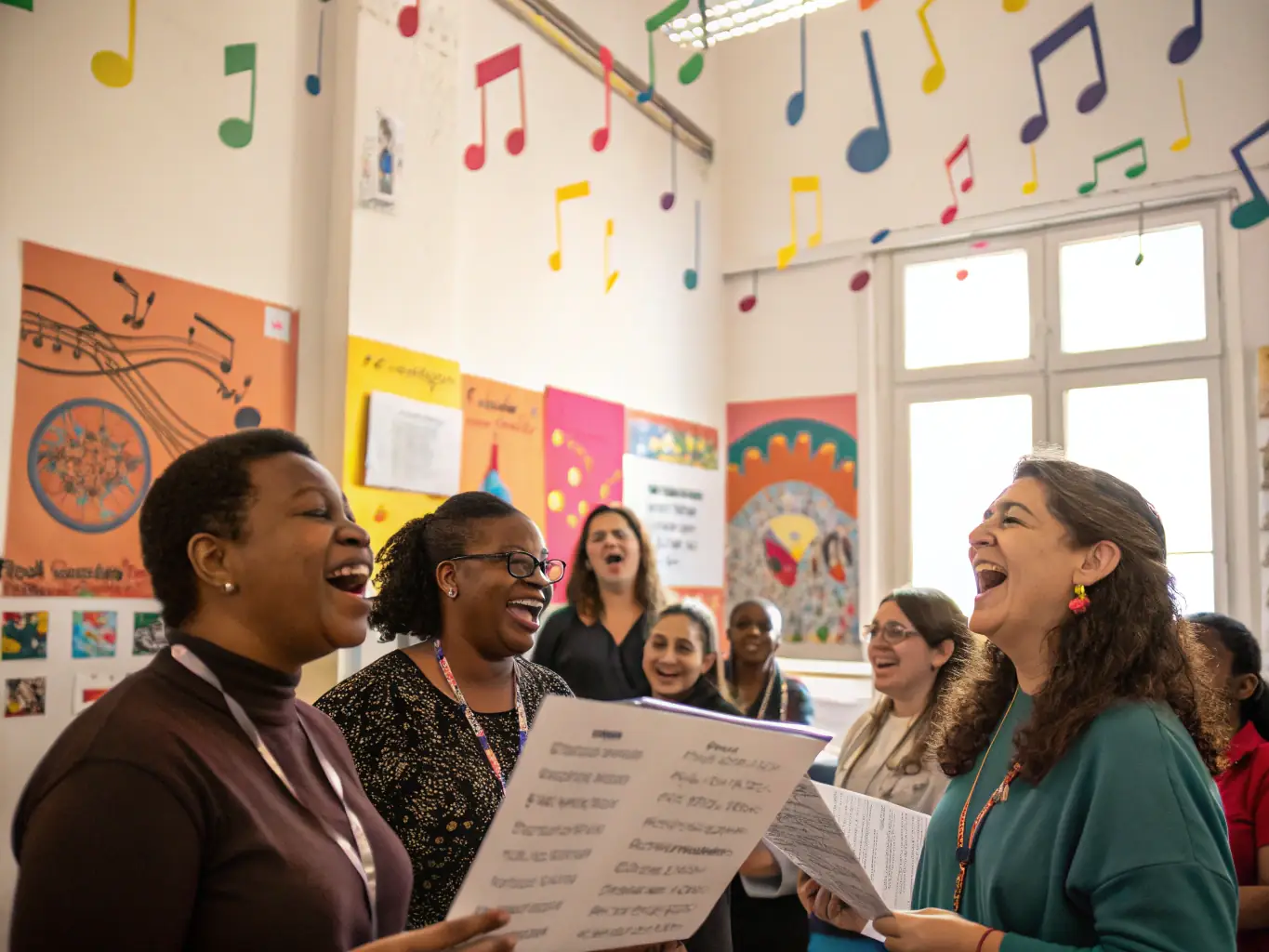 A vibrant image of a diverse group of community members participating in a lively music workshop, with instruments and smiling faces.