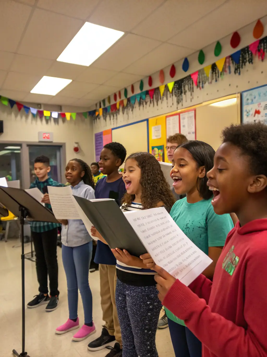 A vibrant image of a children's choir performing at a local community center, showcasing R'HAWK CANTAL's commitment to youth music education.