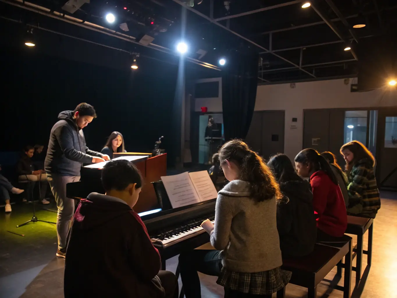 An image depicting a group of young musicians receiving instruction during a music education program, highlighting the organization's commitment to nurturing talent.