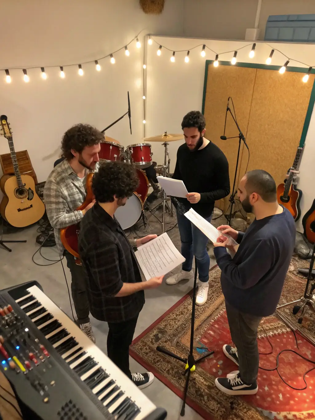 A photo of a diverse group of musicians collaborating during a R'HAWK CANTAL-sponsored jam session, showcasing the organization's commitment to fostering artistic collaboration.