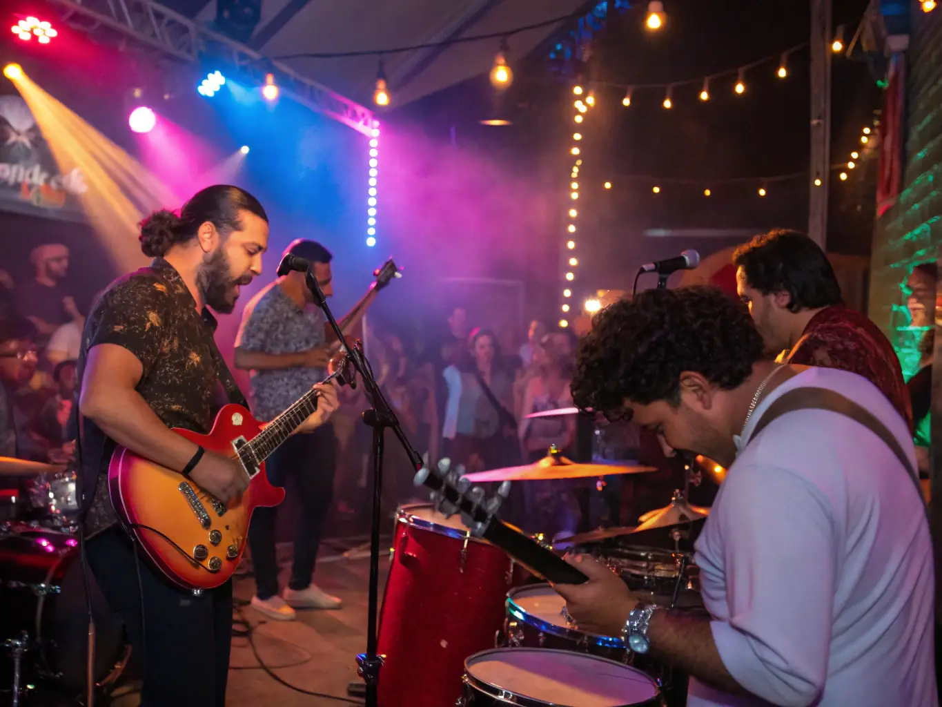 A photograph capturing a live musical performance in a community setting, showcasing the energy and passion of the musicians and audience.